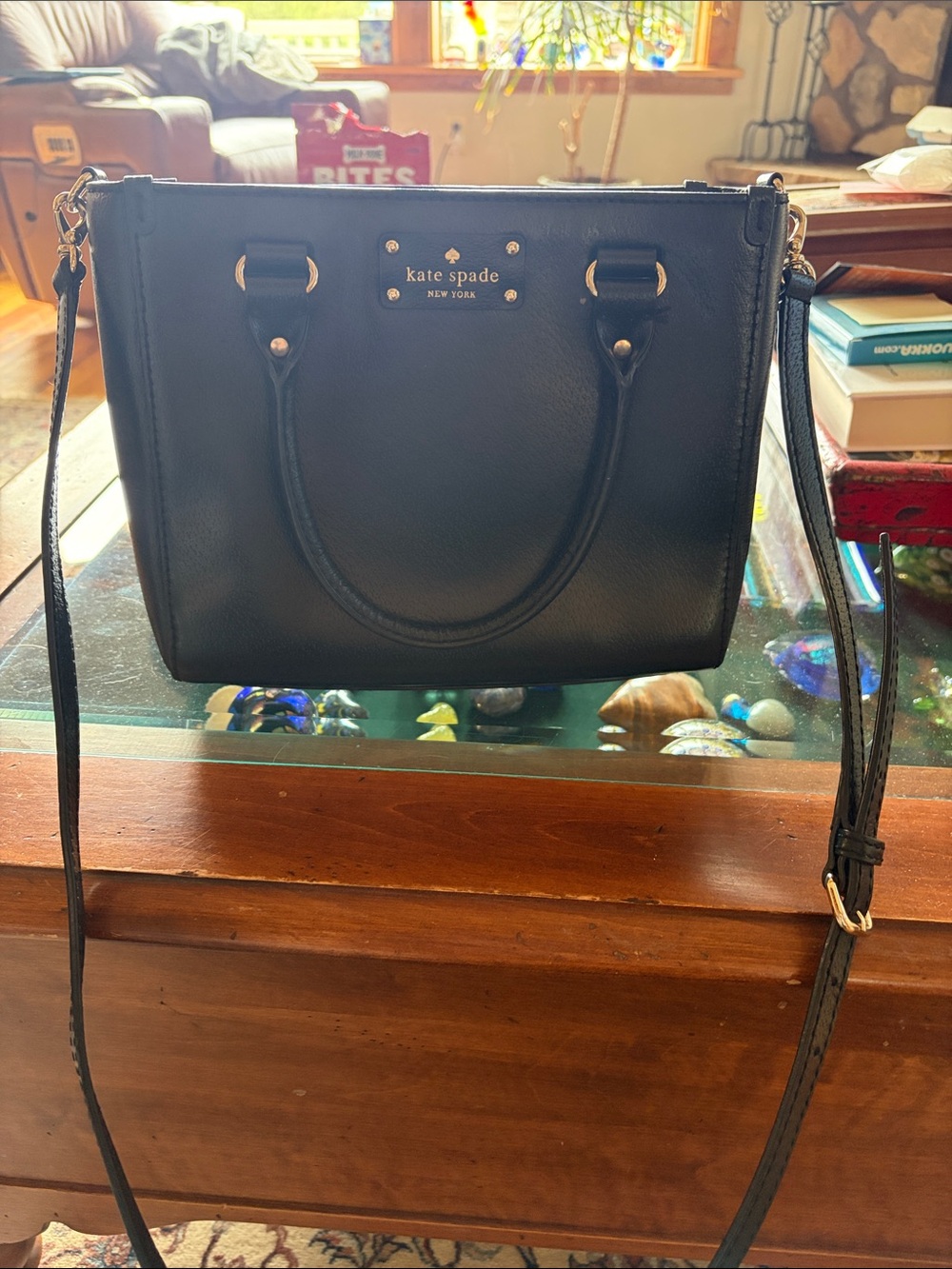 kate spade Black Leather Structured Satchel with Crossbody Strap